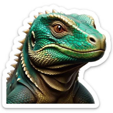 Cinematic Noble Komodo Dragon Lizard Portrait Emoji, Poised and regal, with a rugged, scaled body and powerful stance, deep-set intense eyes and textured, weathered skin, Simplified yet sharp and sophisticated features, highly detailed, glowing with a soft, ancient glow, high shine, intelligent and formidable, stylized with an air of primordial authority, focused and commanding, soft glowing outline, capturing the essence of a watchful and confident guardian that appears ready to stride out of the screen with timeless power! sticker