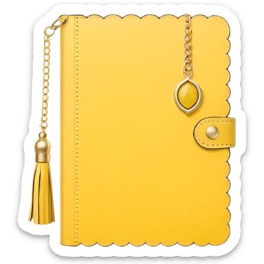 a soft yellow lemon color journal with scalloped edges, tiny gold dot details, and a small tassel charm, cozy and elegant stationery vibe sticker