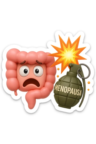 EMOJI STILE IPHONE 3D DI INTESTINO 3D CON ESPRESSIONE SPAVENTATA IN VOLTO MENTRE ACCANTO A LUI SCOPPIA UNA GRANATA 3D CON LA SCRITTA "MENOPAUSA" SOPRA, FAGLI ANCHE LA PARTE BIANCA DEGLI OCCHI, NON SOLO LA PUPILLA sticker