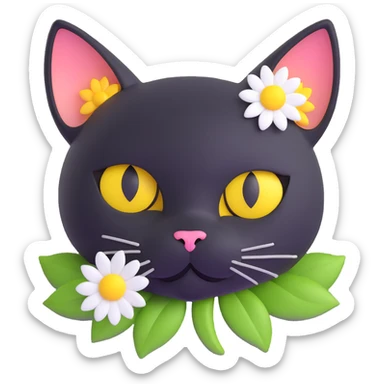 black cat head with large round yellow eyes, only the head visible above grass, white flower on top, surrounded by daisies, extra depth and shading, 3D iOS 18 style sticker