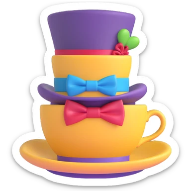 Mad Hatter from Alice in Wonderland, eccentric character with a tall hat labeled 10/6, colorful bow tie, and teacup, playful and quirky design, stylized as an emoji sticker