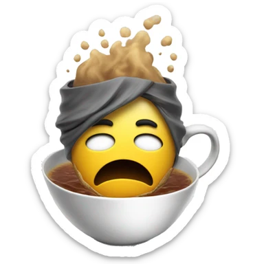 A stressed emoji siting in a cup of tea with lot of stress very tired create a mess on head top to represent atress sticker