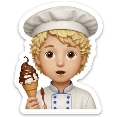 boy blonde curly hair, chef, eating chocolate ice cream sticker
