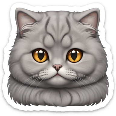 Cinematic-Fluffy-Grey-Scottish-Fold-Cat-Portrait-Emoji – Head tilted cutely with big, sparkling amber eyes, soft solid-grey fur with a velvety sheen, signature folded ears giving an irresistibly endearing look, simplified yet charmingly adorable features, highly detailed, glowing with a soft and warm charm. sticker