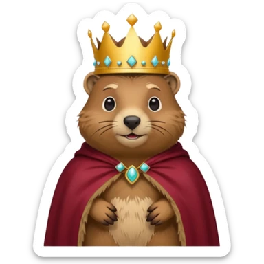 Groundhog wearing crown with a maroon cape with KPM embroidered on the cape sticker