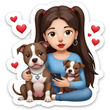 Young girl was long, dark brown hair sits with her dog who is a pretty girl pitbull with her cell phone in her hand in a small septum ring in her nose was hearts flying all around her sticker