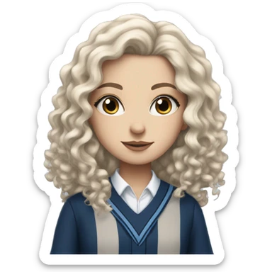 Hyper realistic White girl with long black curly hair wearing a ravenclaw school inform sticker