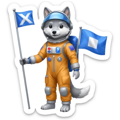 a wolf in space suit, holding blue rectangle flag, full body sticker