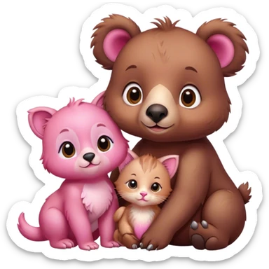 A cute brown bear and a realistic cute pink dodo closely together. They brought a brown kitten sticker