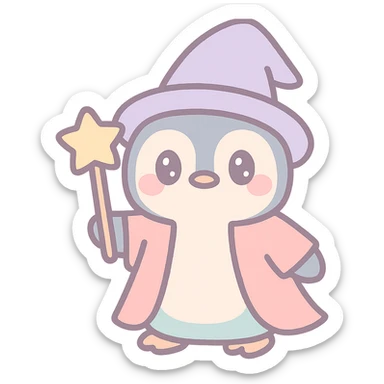 a penguin dressed as a wizard, with a pointed hat and a magic staff, in a fun and whimsical style sticker