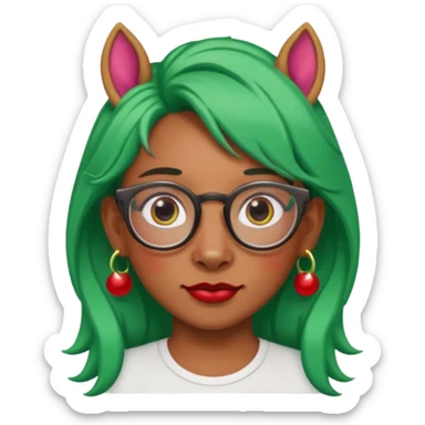 unicorn with green hair and big red earrings looking into camera and spectacle sticker