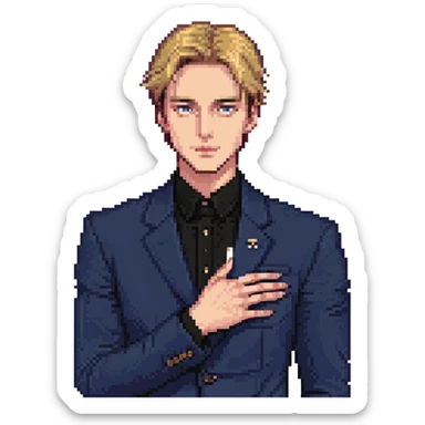 Flat pixel art, focused and reserved male thinker, fair skin, short sleek sandy hair, intense sharp eyes, wearing a deep indigo suit jacket over a black shirt, left hand thoughtfully touching chin, waist-up, front-facing sticker