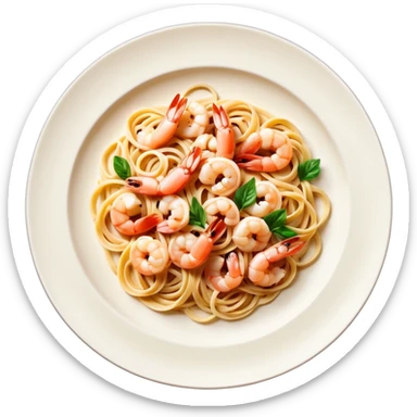 create a Whole Shrimp Linguini stylized thicker  with white plate Camera angle: slightly elevated top-down view with a gentle bird’s-eye perspective (about 15–20°), identical perspective and scaled do not add anything on plate


 sticker