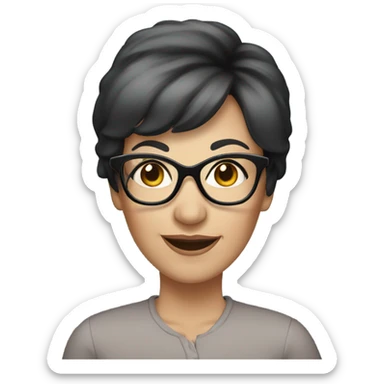 A woman in her 50s smiling with short black hair, kind of round face, black glasses, white but little tan, blue eyes sticker
