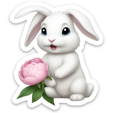 cute white bunny holding light pink peonies sticker