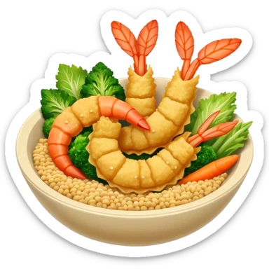 tempura shrimp and vegetables arranged in a bowl, golden batter, vivid textures sticker