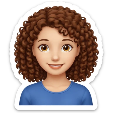 chica con piel blanca sonriendo, ojos marrones y pelo marrón con rulos sticker