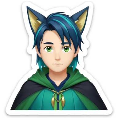 anime man with straight long dark-blue-black-gradient hair with light-green stripes in it, long black fox ears, hazel-gradient-brown-turquoise eyes, gold earring, dark-blue-sweater, green cape,  sticker