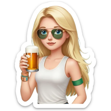 girl with long blond hair
with blue eyes
and aviator sunglasses
wearing white tank top 
holding a can of beer
wearing (rose gold apple watch with forest green band) sticker