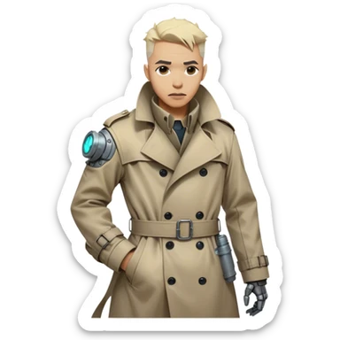 cartoonish, rough, and battle-worn cyber-steampunk Dr. Numen Oppen is seen with his side view mug shot of hi rugged trench coat, exposed mechanical joints, and worn cybernetic enhancements capture the fusion of steampunk and cyberpunk aesthetics. sticker