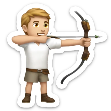 a male archer aiming with a bow looking and  aiming at his target, wearing a white shirt, very show brown hair, bright skin sticker