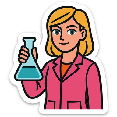 blonde girl with green-grey eyes, wearing a pink lab coat, holding a flask sticker