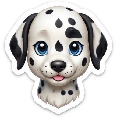 Cinematic Cute Harlequin Dalmatian Portrait Emoji, Head tilted playfully and inquisitively, featuring a glossy Fur of predominantly white with dynamic black patches, round, sparkling blue eyes filled with gentle curiosity, Simplified yet irresistibly adorable features, highly detailed, glowing with a warm, friendly glow, high shine, affectionate and gentle, stylized with a touch of whimsy, bright and endearing, soft glowing outline, capturing the essence of a mischievous yet loving pup, so playful it feels like it could lumber out of the screen and into your arms! sticker