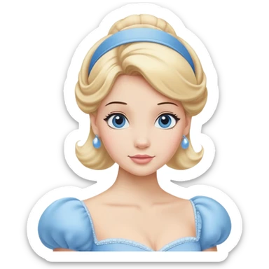 Cinderella from hips up, iconic powder blue ballgown with puffed sleeves, blonde hair with blue headband, minimal style but very recognizable sticker