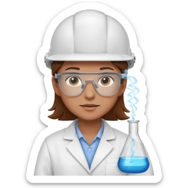 Ingeniera quimica con delantal, casco de seguridad y gafas de seguridad, castaña de ojos claros sticker