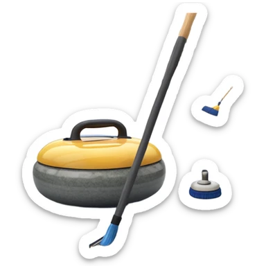 An icon showing a detailed close-up of a curling stone sliding across the ice, with a broom in motion beside it. The background features an indoor stadium with cheering spectators on the stands. Transparent background captures the strategy and focus of curling. sticker