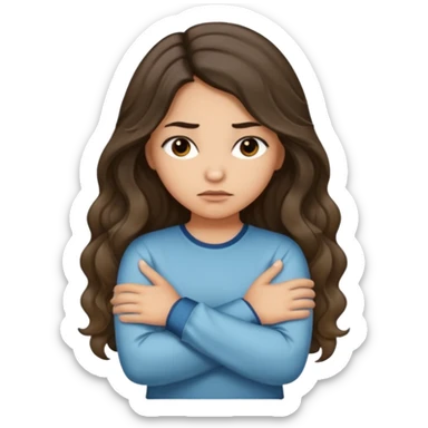 Hispanic light tan girl with long dark wavy hair with arms folded while pouting. Wearing a long sleeve. Hair with middle part. sticker