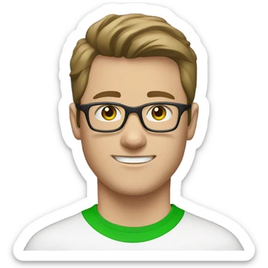white young man with blue eyes and brown hair and square glasses wearing green t-shirt with headset sticker