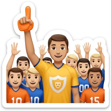 A cheerful man in a team jersey, waving a giant foam finger high with an excited grin. sticker