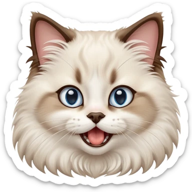 cinematic-adorable-big-eyed-fluffy-ragdoll-cat-portrait-emoji,-head-tilted-playfully-with-a-cute,-yawn,-white and brown fur,-simplified-yet-irresistibly-cute-features, blue eyes sticker