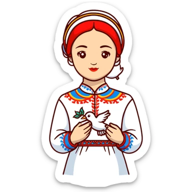 Ukrainian girl wearing a traditional embroidered vyshyvanka shirt with a white dove of peace next to her sticker