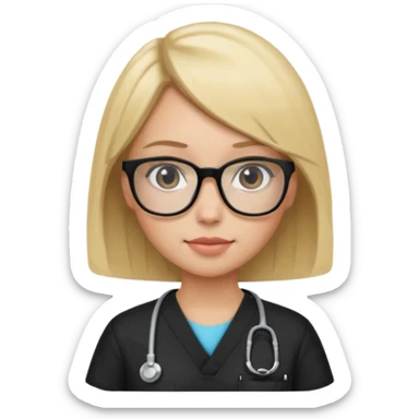 A girl in black scrubs with a blonde bob and glasses minus stethoscope  sticker