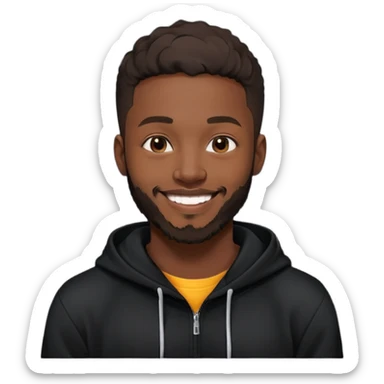 African yound man in his late 20s with a  bright smile with a short boxed beard, black hoody, and a low cut hair, looking like dvido sticker