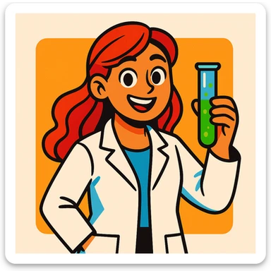 a beautiful girl scientist wearing a lab coat holding a test tube cheerful expression modern cartoon style sticker