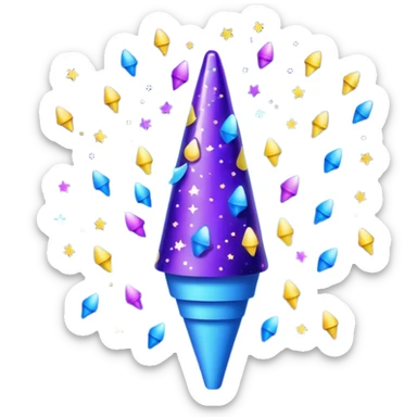 Emoji with glowing cone-shaped confetti popper, purple and blue colors emitting confetti and glitter, creating a bright festive atmosphere sticker