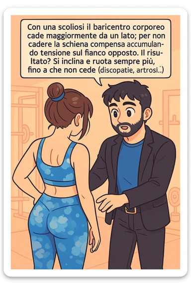 fai questa immagine in versione manga/webtoon a colori con stile di disegno carino e moderno, il manga mostra la donna di spalle, mentre l'uomo le tocca la spina dorsale per spiegarle come funziona la scoliosi:
Con una scoliosi il baricentro corporeo cade maggiormente da un lato; per non cadere la schiena compensa accumulando tensione sul fianco opposto.
Il risultato? Si inclina e ruota sempre più, fino a che non cede (discopatie, artrosi, ecc) sticker