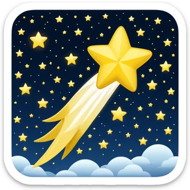 Generate a high-quality image of a shooting star streaking across the night sky, bright glowing yellow and white tail, realistic shading and lighting, no facial features, no brand markings, simple dark background, high-resolution.
 sticker