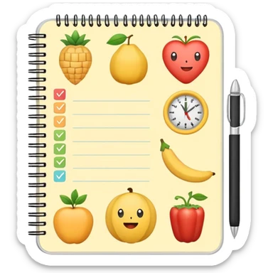 Emoji of checklist notebook with healthy food icons, nutrition planning, flat minimal emoji, pastel colors sticker