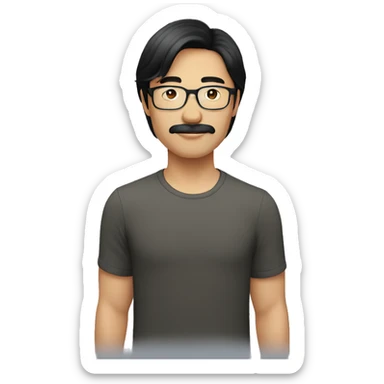 a shoulder length black-haired asian man, using glasses, with mustache sticker