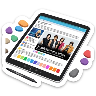 Create an emoji representing fanfiction writing. The design should feature a tablet with a screen displaying images of rock and movie stars, symbolizing the inspiration from popular culture. Next to the images, there should be visible text representing the fanfiction being written. A stylus should be placed near the tablet to emphasize the act of writing. Use a creative and expressive color palette with vibrant and neutral tones. Do not include any emojis or smiley faces. Make the background transparent. sticker
