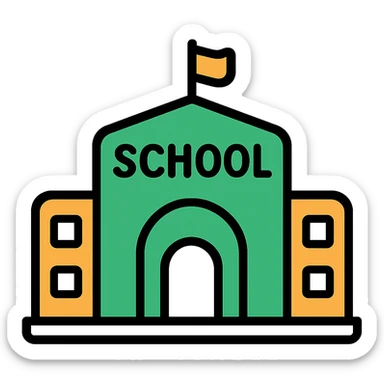 school building, modern look, green gold and white color scheme, rounded shapes, simple design sticker