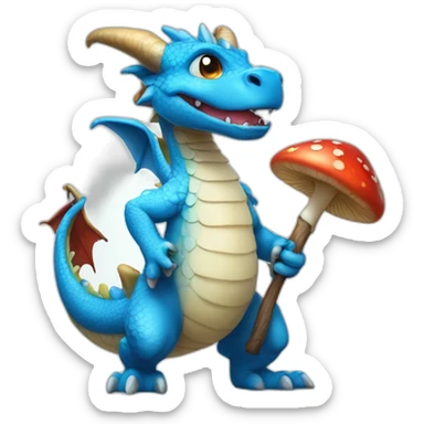  Cute Blue dragon NO ears wearing a mushroom cap carrying a stick in one arm standing on two legs sticker