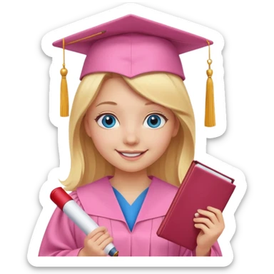 blonde girl with blue eyes in a pink graduation cap and gown, smiling, holding diploma sticker