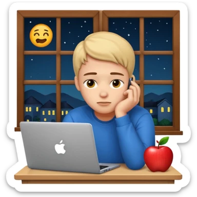 tired student with laptop, window at night behind, head resting on hand, apple style emoji sticker
