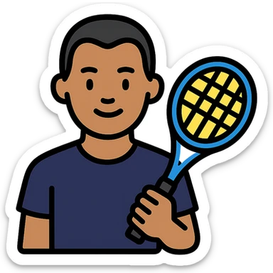 light brown skinned male tennis coach, short straight black hair with widow's peak, oval face, small eyes, smiling, holding blue Yonex tennis racket, wearing dark navy blue dry fit shirt sticker