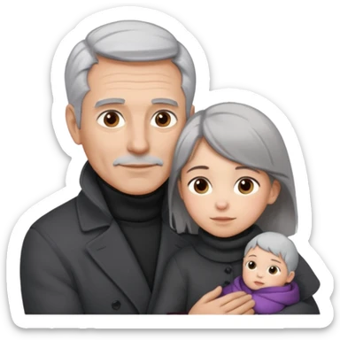 A father with silver-grey hair styled neatly and a clean-shaven face, wearing a dark turtleneck and wool coat, holding his girl child gently.  sticker